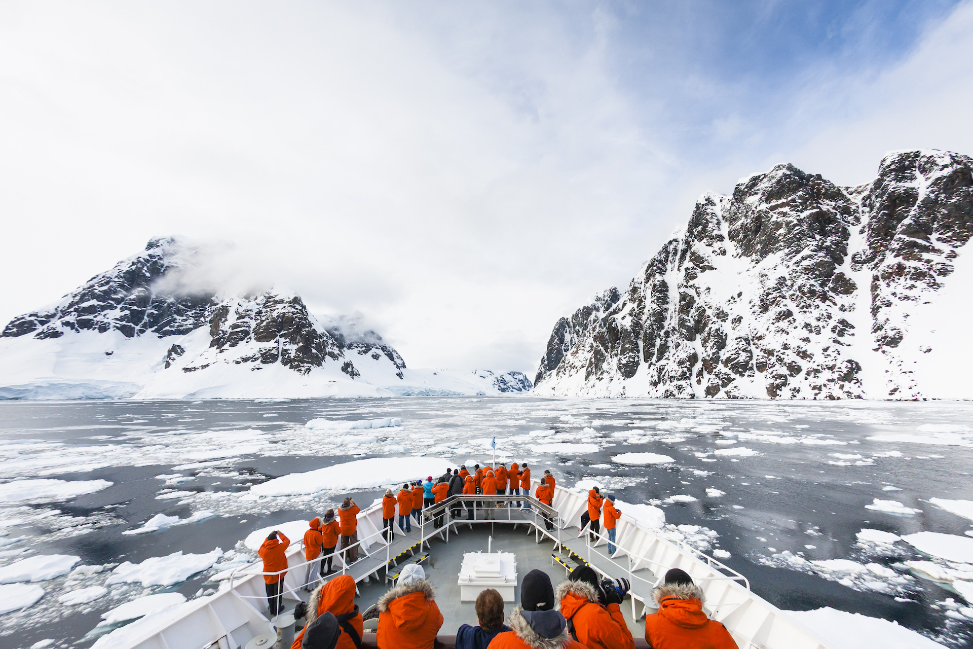 A cruise ship approaches the Lemaire Channel, Antarctica