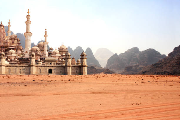 A fabulous lost city in the desert. Fantastic oriental town in the sands. Fantasy landscape with rocky mountains and fairytale city